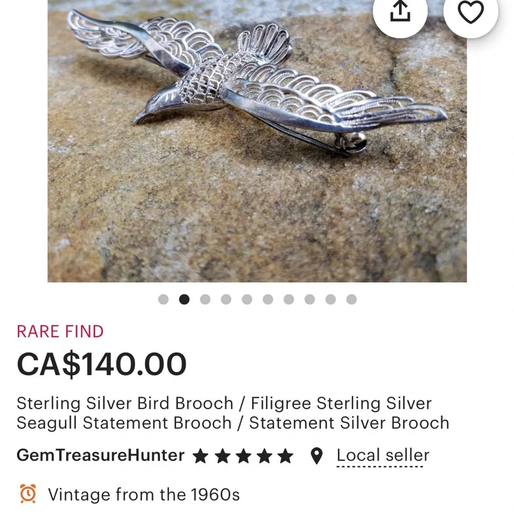 Vintage 1960 filigree seagull silver brooch-RARE - Picture 5 of 13